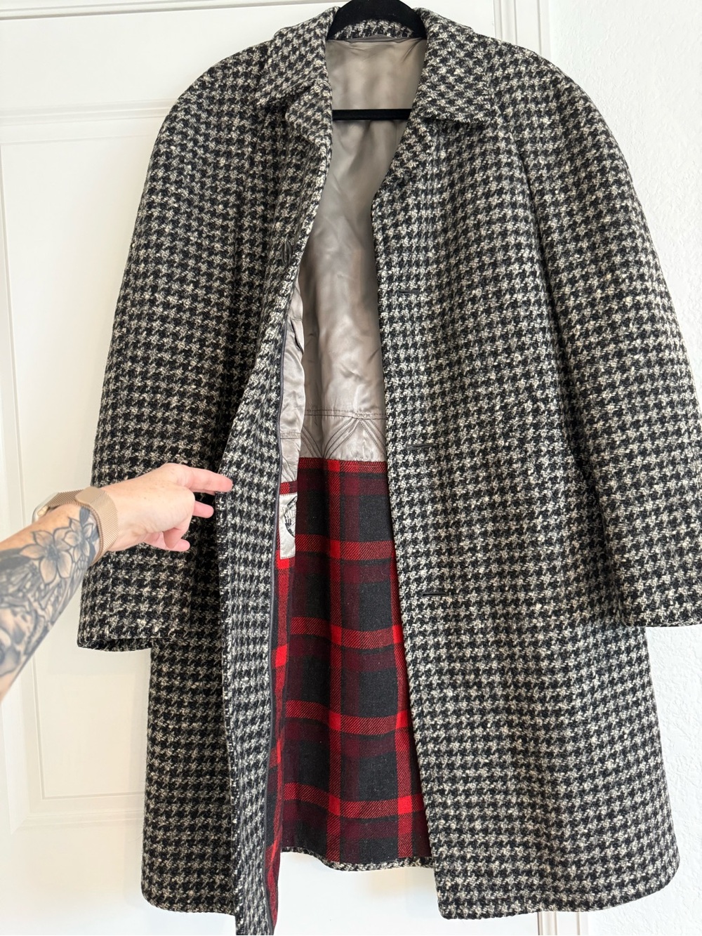 Vintage Henry Ballantyne Scotland Tweed Wool Houndstooth Car Coat, 42